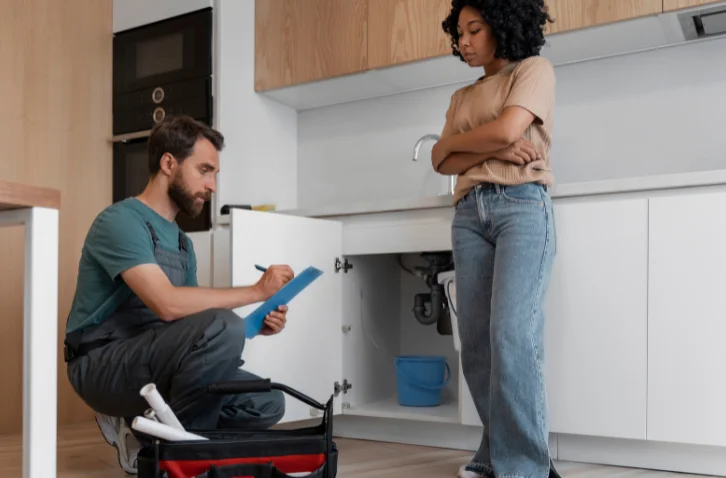 Plumber consulting homeowner during kitchen plumbing repair – Plumber Pro Dallas