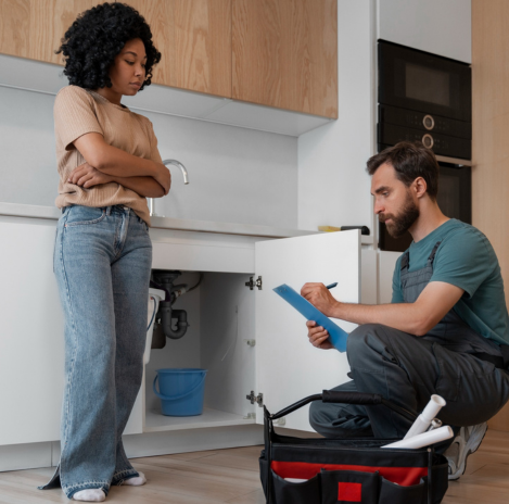 Plumber consulting homeowner during kitchen plumbing repair – Plumber Pro Dallas